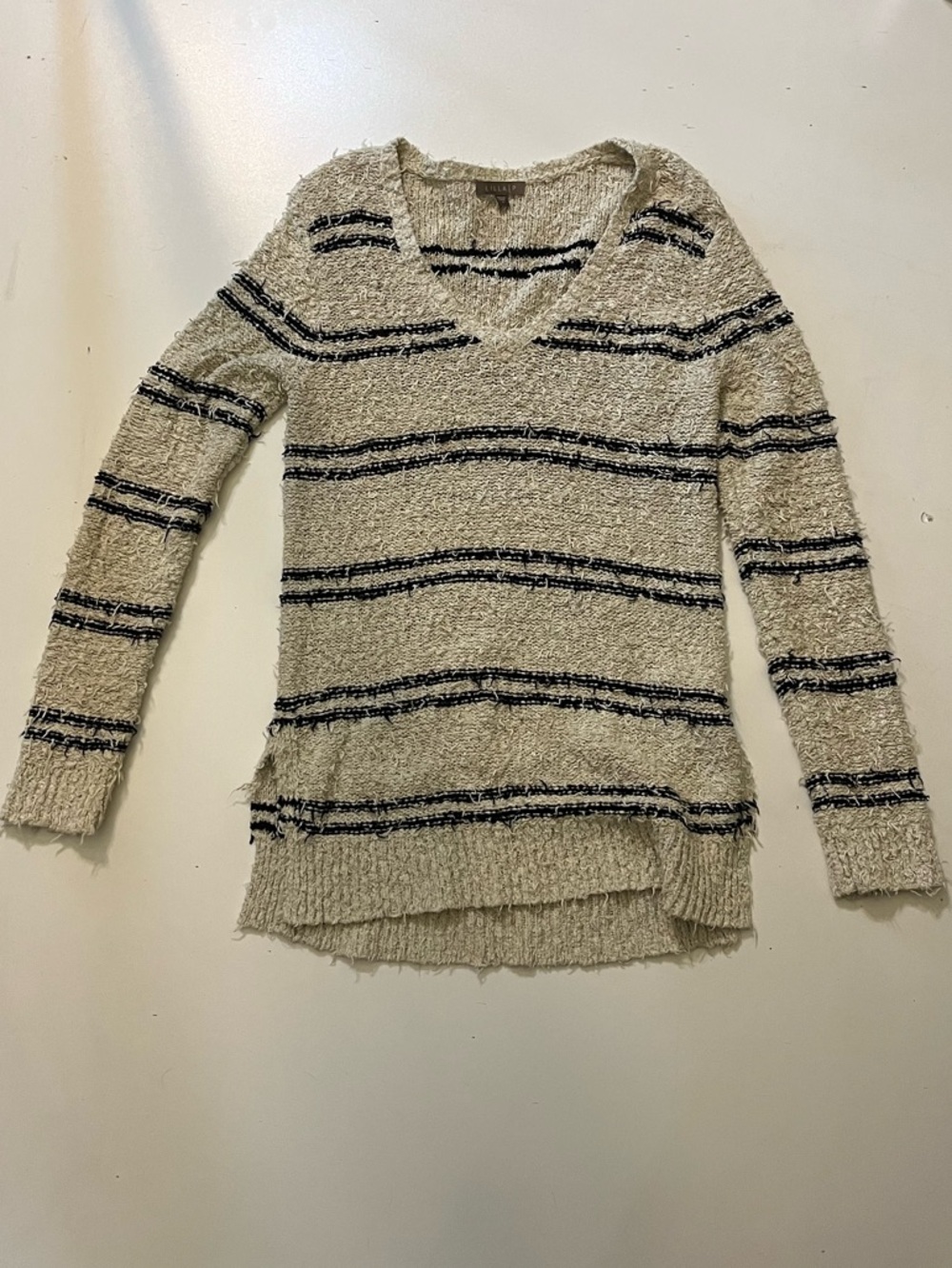 LILLA P Scandi Oversized Ivory & Black Striped Frayed Sweater Small